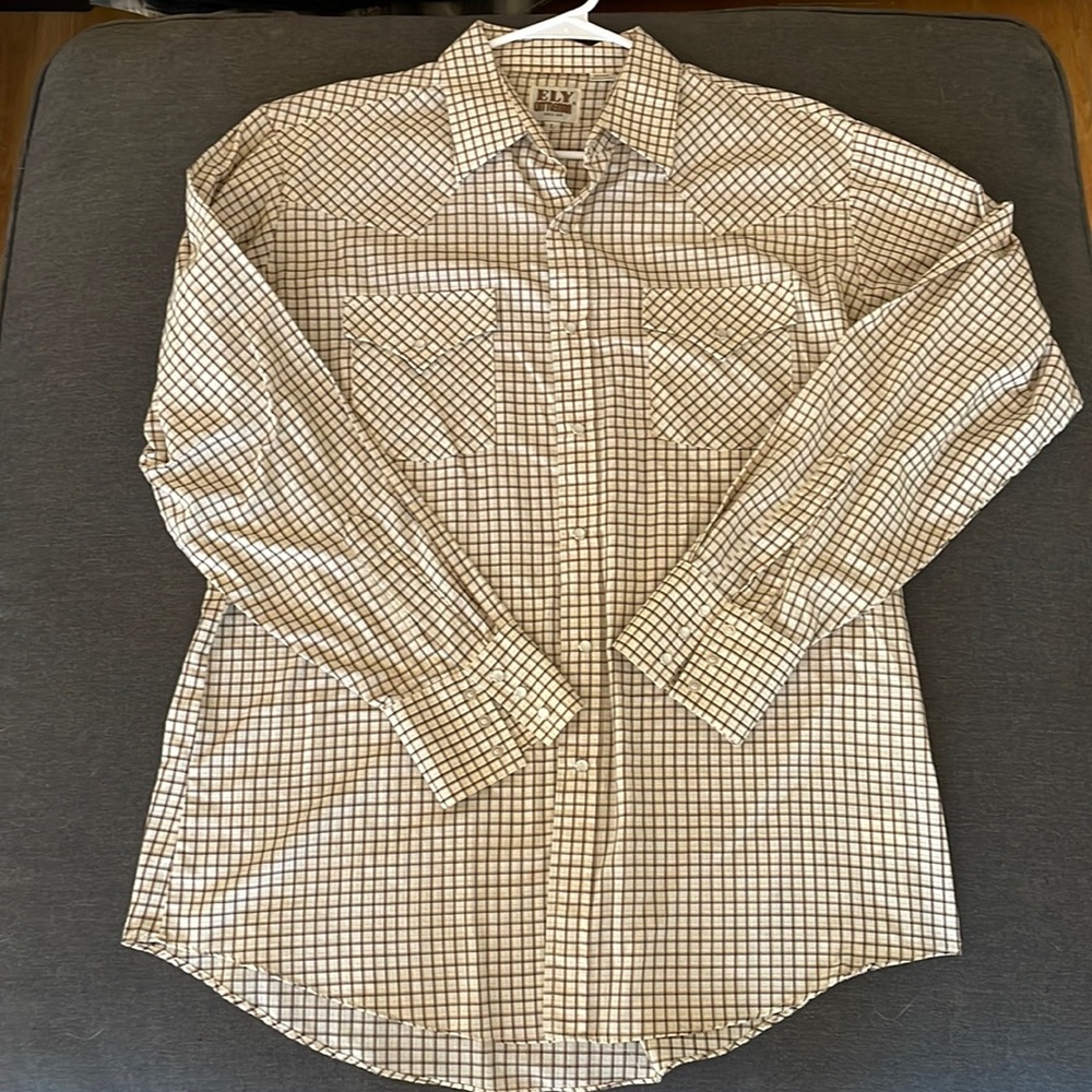 Brown and tan checkered Ely Cattleman western shirt L white pearl snaps.